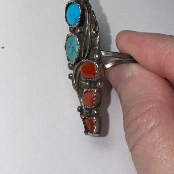 Sterling Silver Turquoise And Coral Ring, Size 9 - Picture 7 of 14